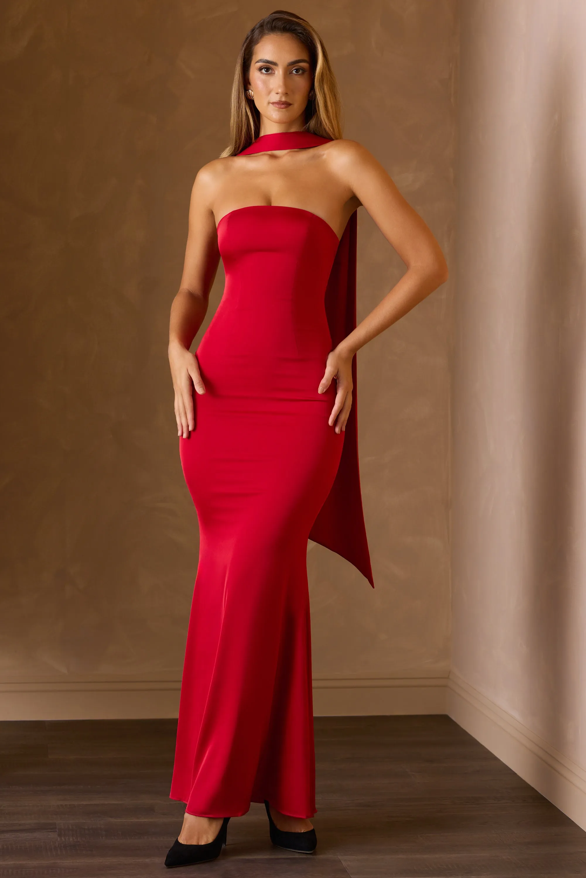 Scarf-Detail Strapless Gown in Scarlet Red