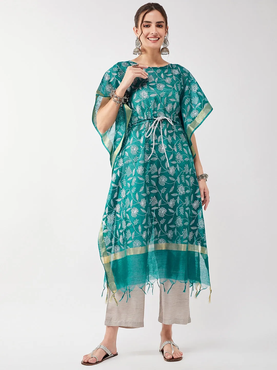 Semi-Festive Printed Dori Tie-up Kaftan Kurta