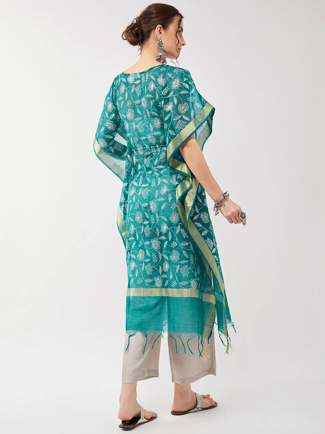 Semi-Festive Printed Dori Tie-up Kaftan Kurta