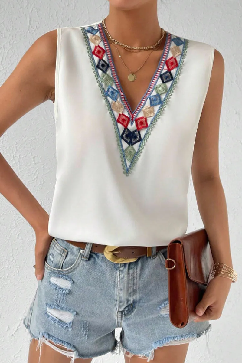 Sexy Bohemian Color Block Contrast V Neck Tops