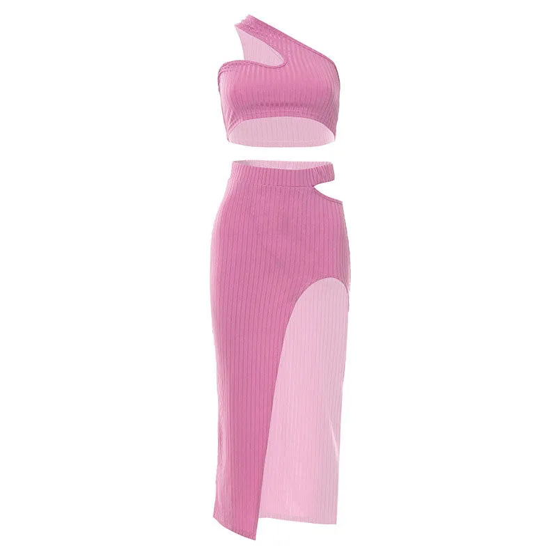 Sexy Ribbed One Shoulder Top High Waist Split Midi Skirt Matching Set - Pink