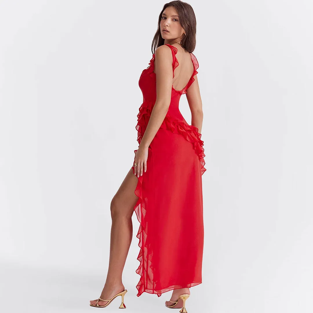 Sexy Square Neck Suspender Strap High Split Chiffon Ruffle Maxi Sundress