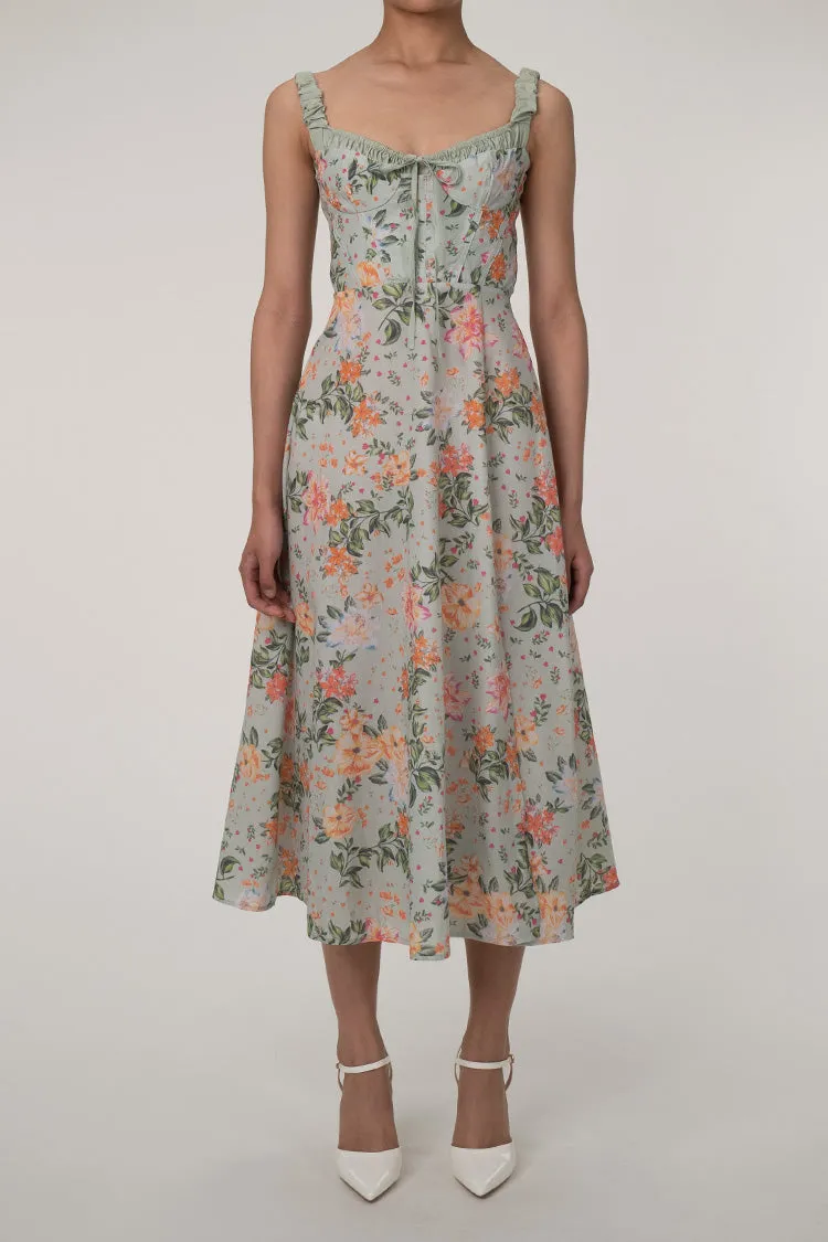 Sexy Tie Neck High Split Floral Printed Summer Midi Sundress - Green