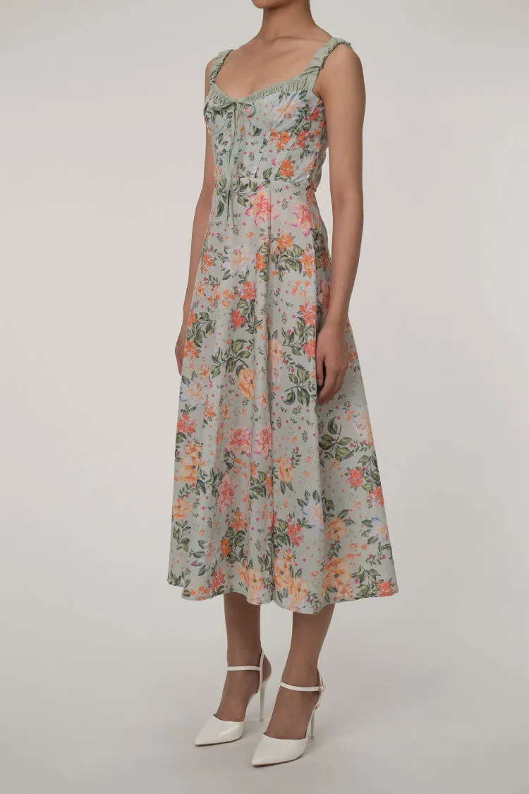 Sexy Tie Neck High Split Floral Printed Summer Midi Sundress - Green