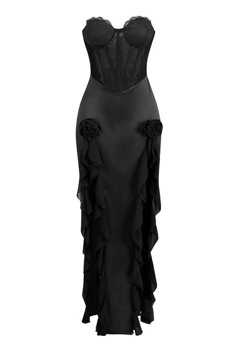 Silky Satin Strapless Lace Corset Rosette Ruffled Split Evening Maxi Dress