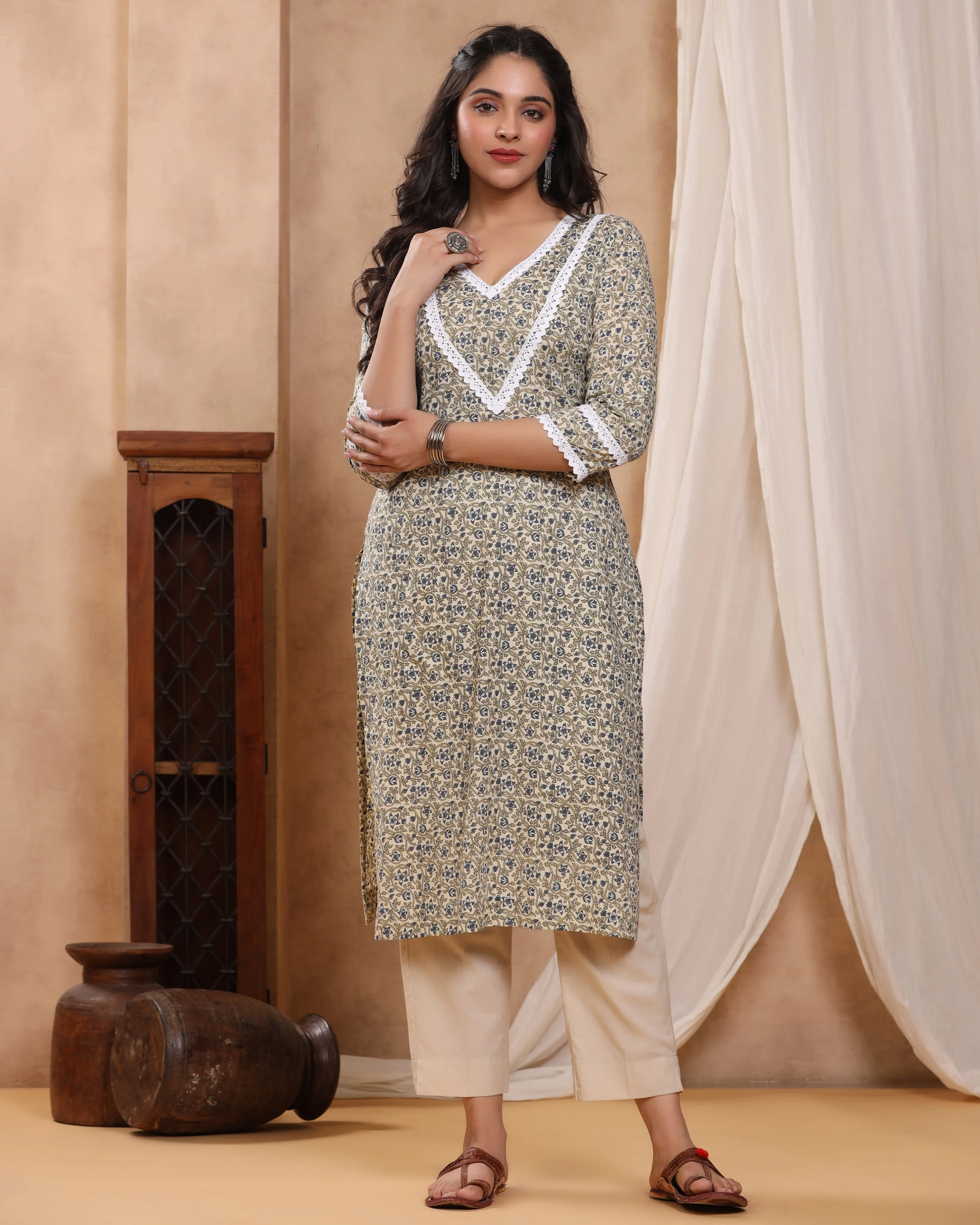 Sitara Beige Block print Kurti with Crochet lace