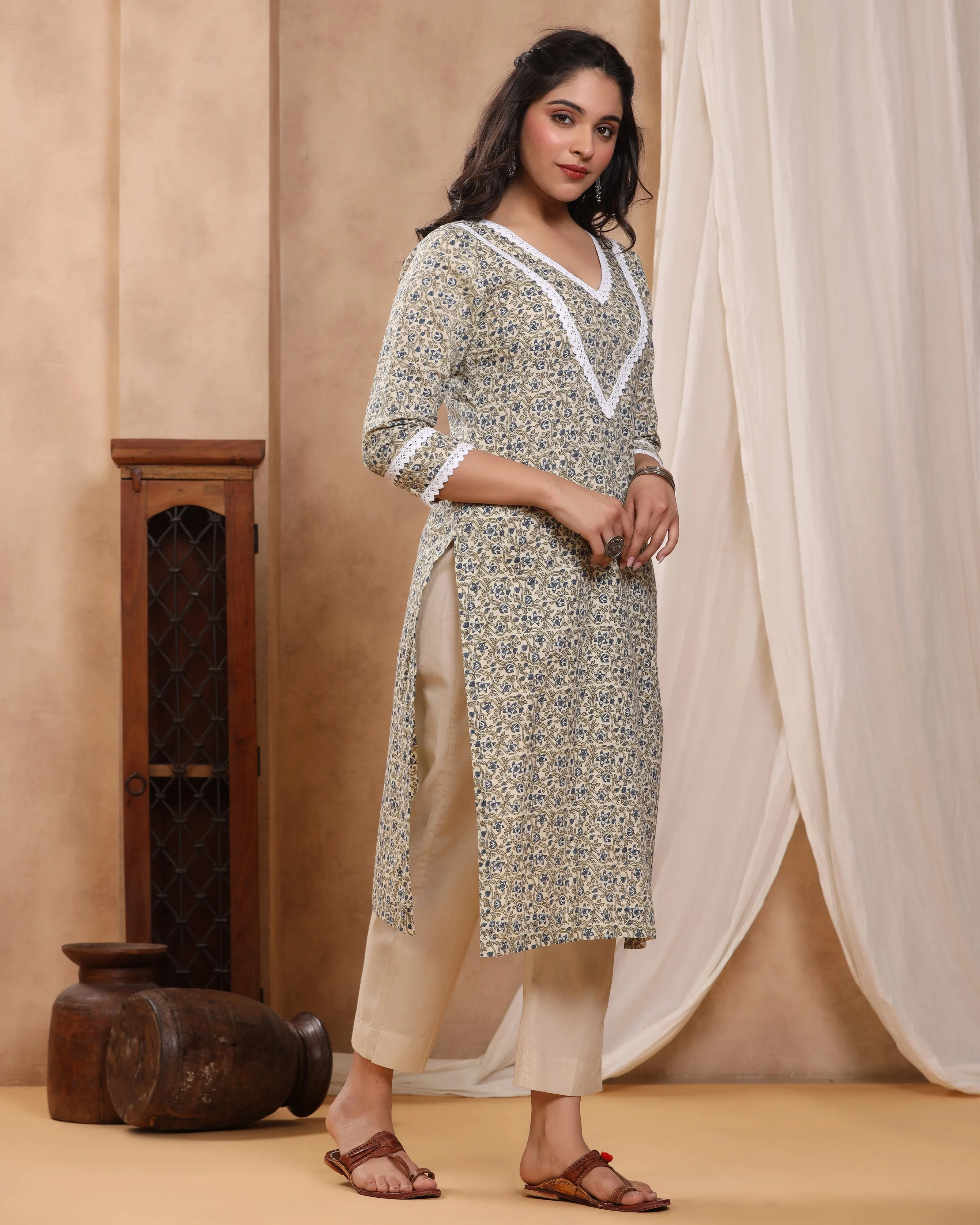 Sitara Beige Block print Kurti with Crochet lace