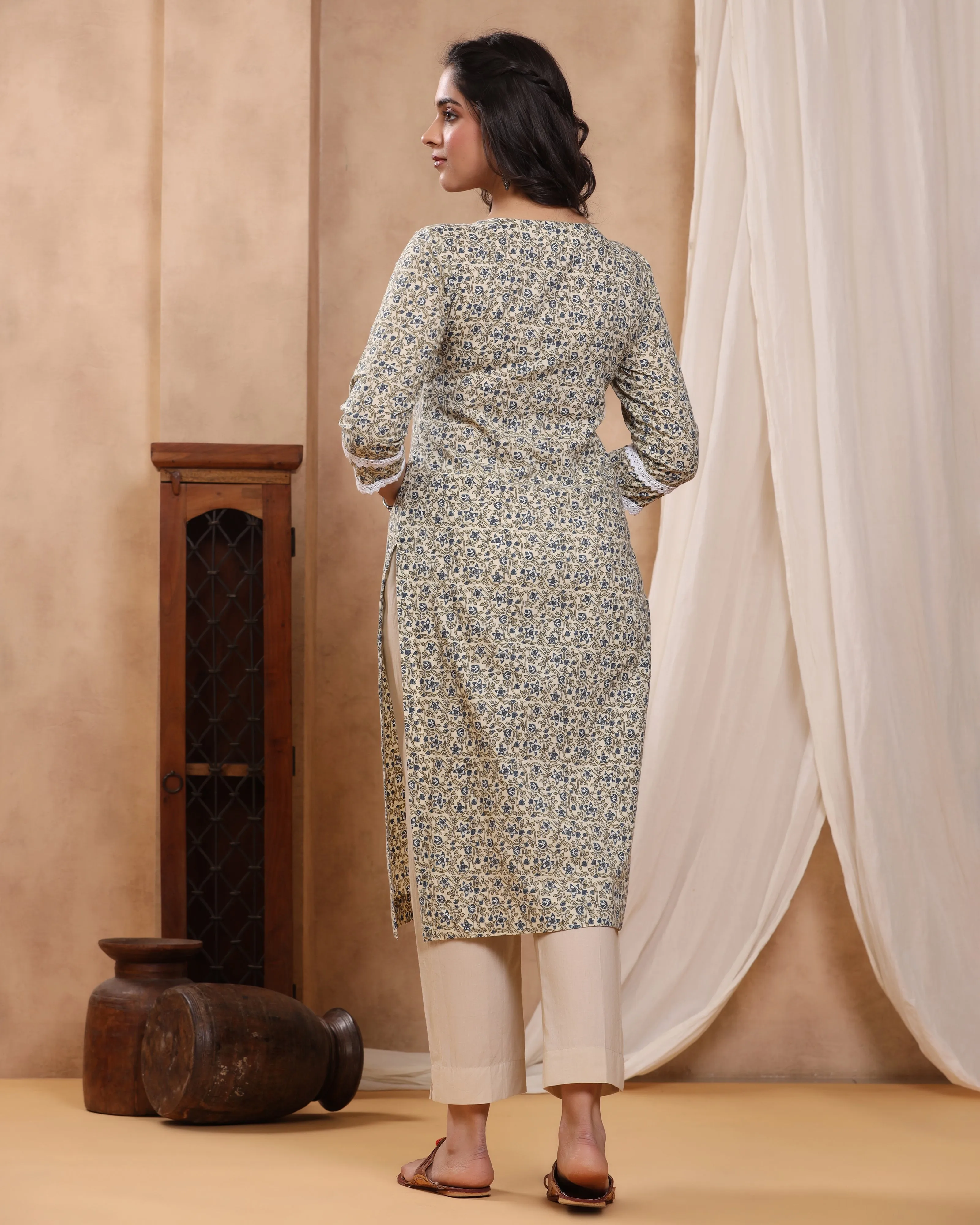 Sitara Beige Block print Kurti with Crochet lace