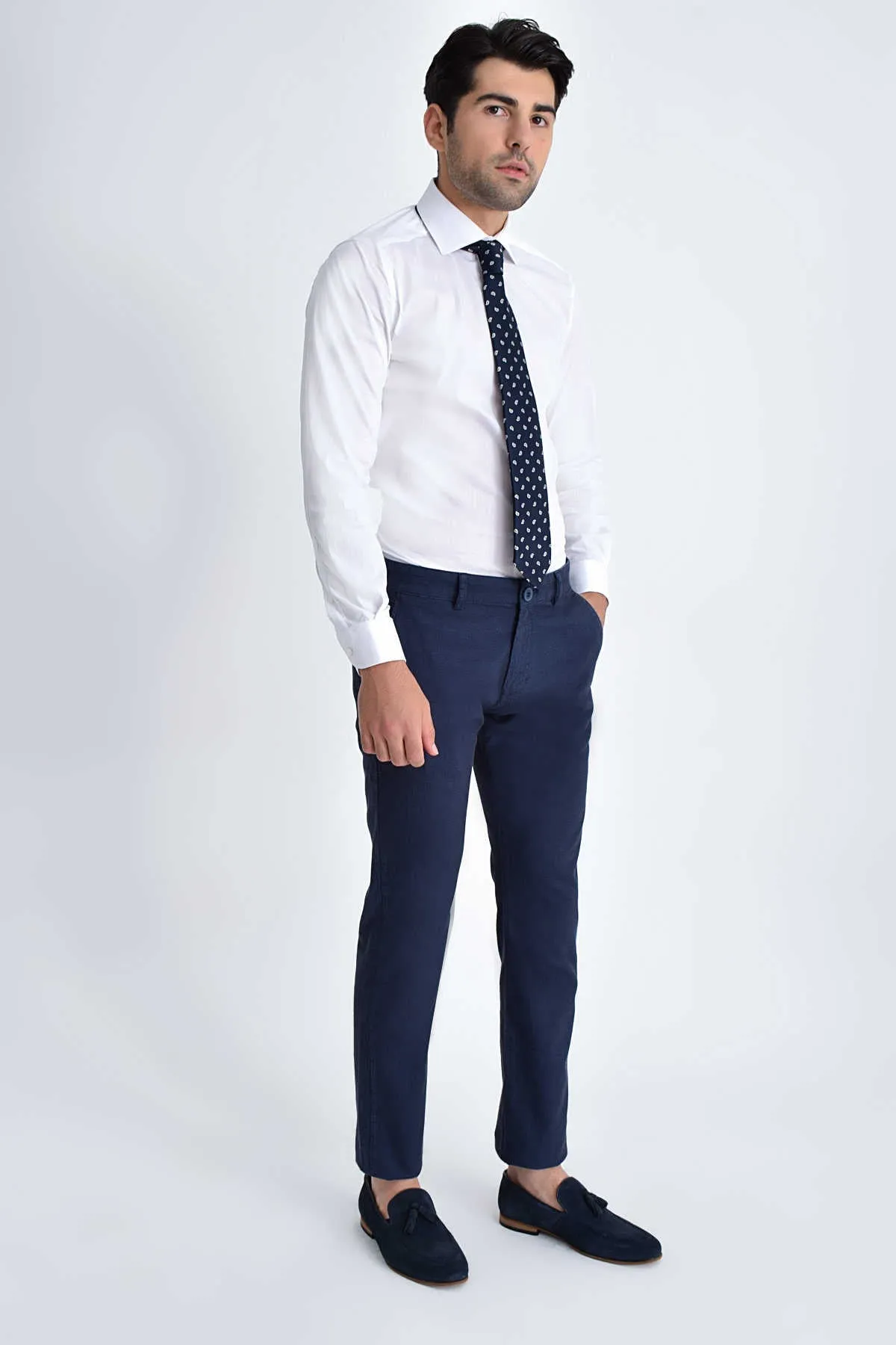 Slim Fit Side Pocket Navy Cotton Casual Pants