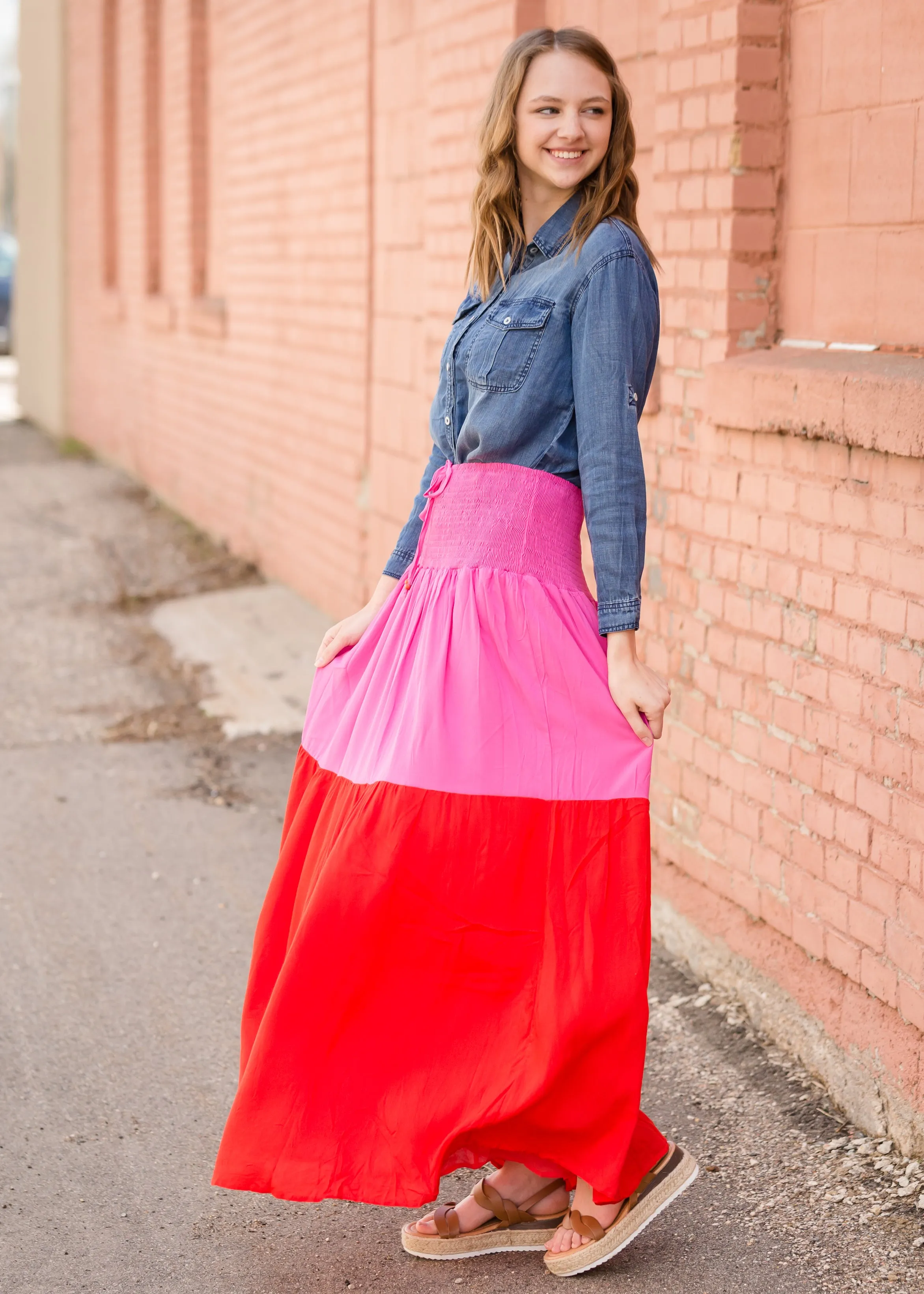 Smocked Red and Pink Color Block Maxi Skirt - FINAL SALE