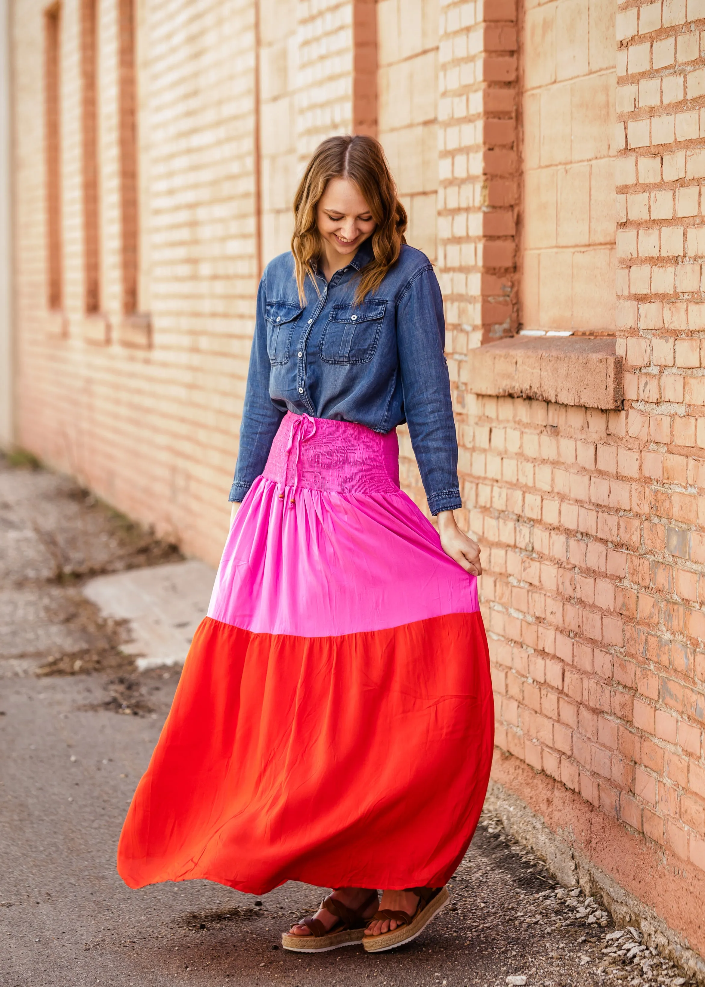 Smocked Red and Pink Color Block Maxi Skirt - FINAL SALE