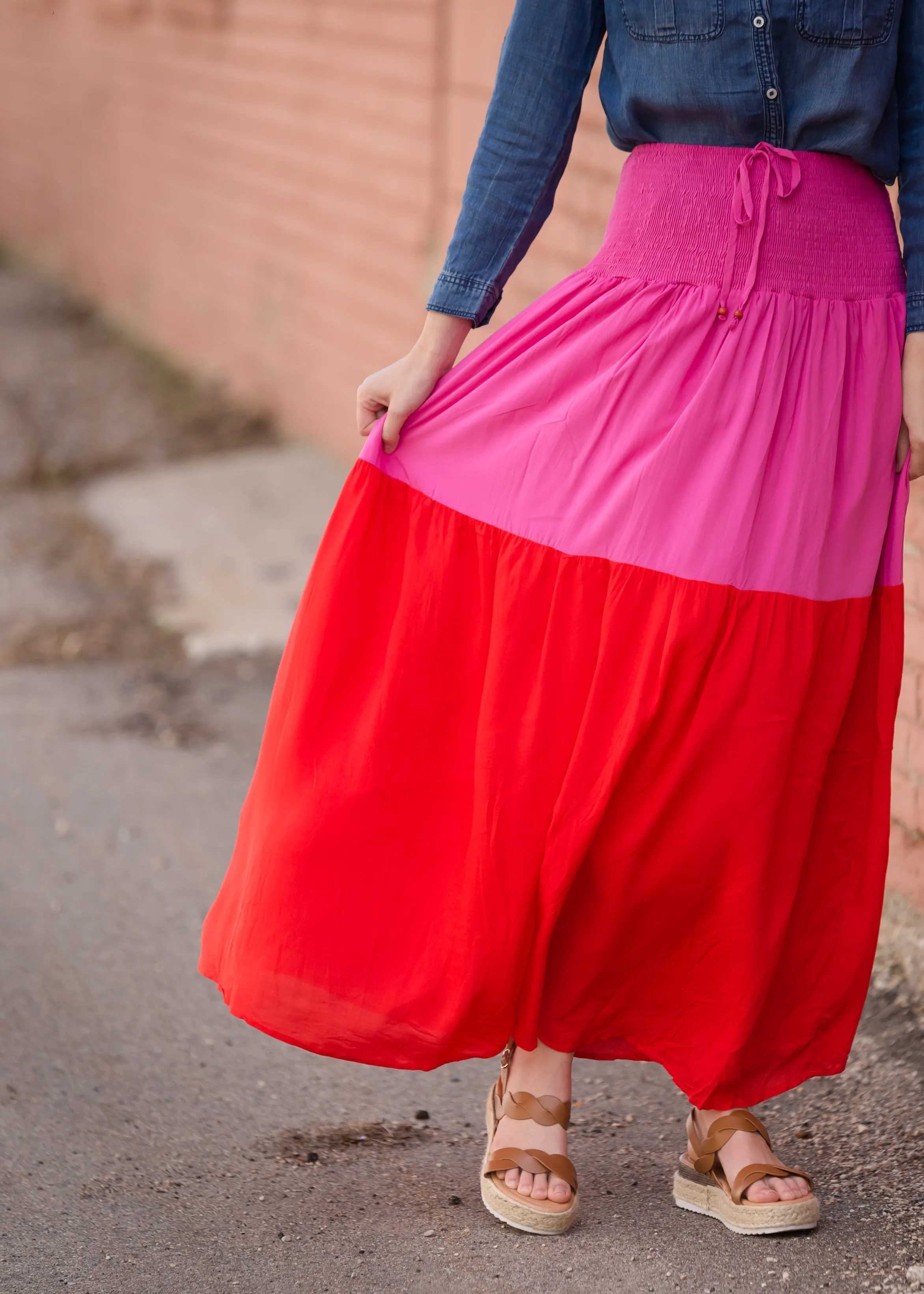 Smocked Red and Pink Color Block Maxi Skirt - FINAL SALE