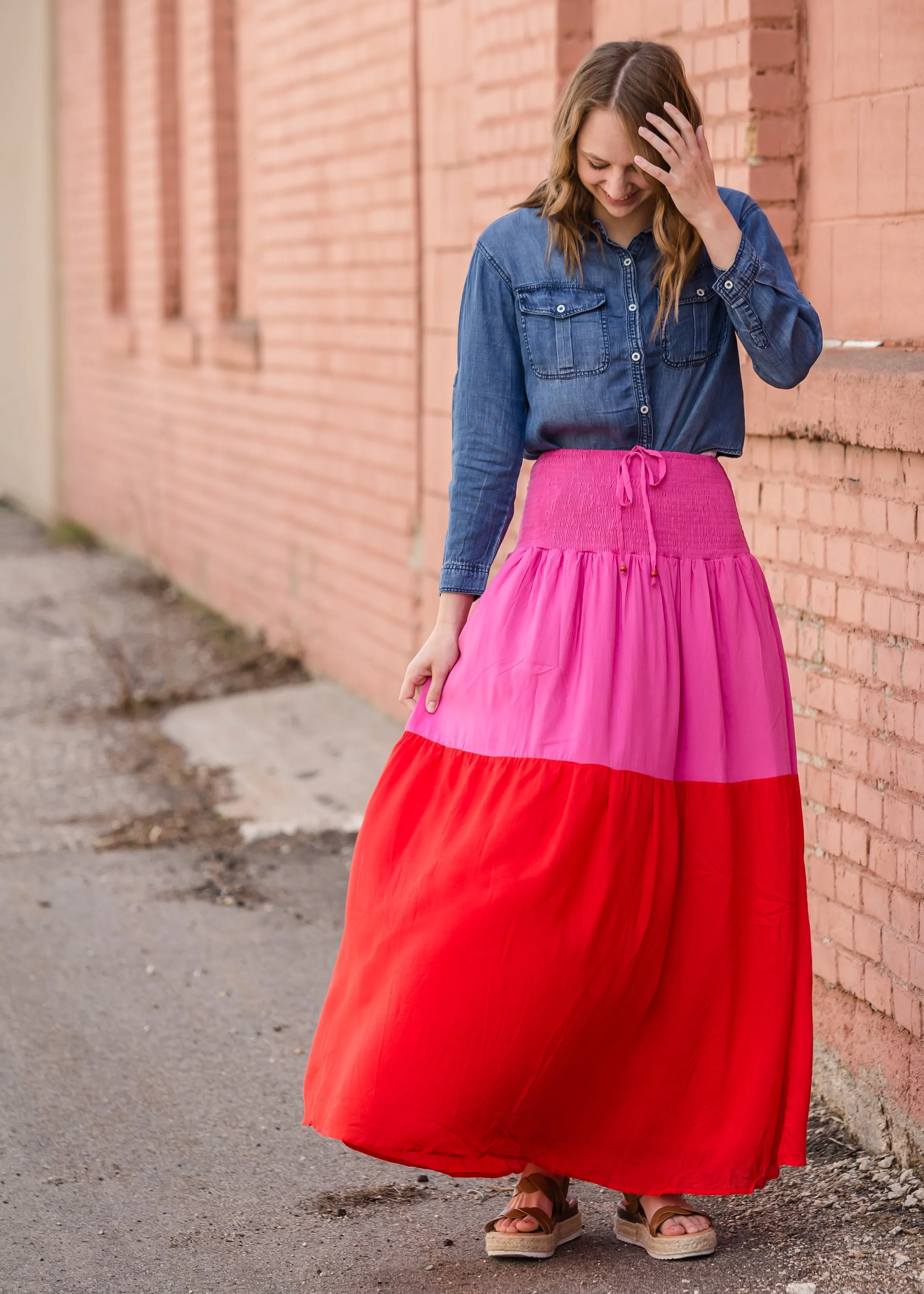 Smocked Red and Pink Color Block Maxi Skirt - FINAL SALE