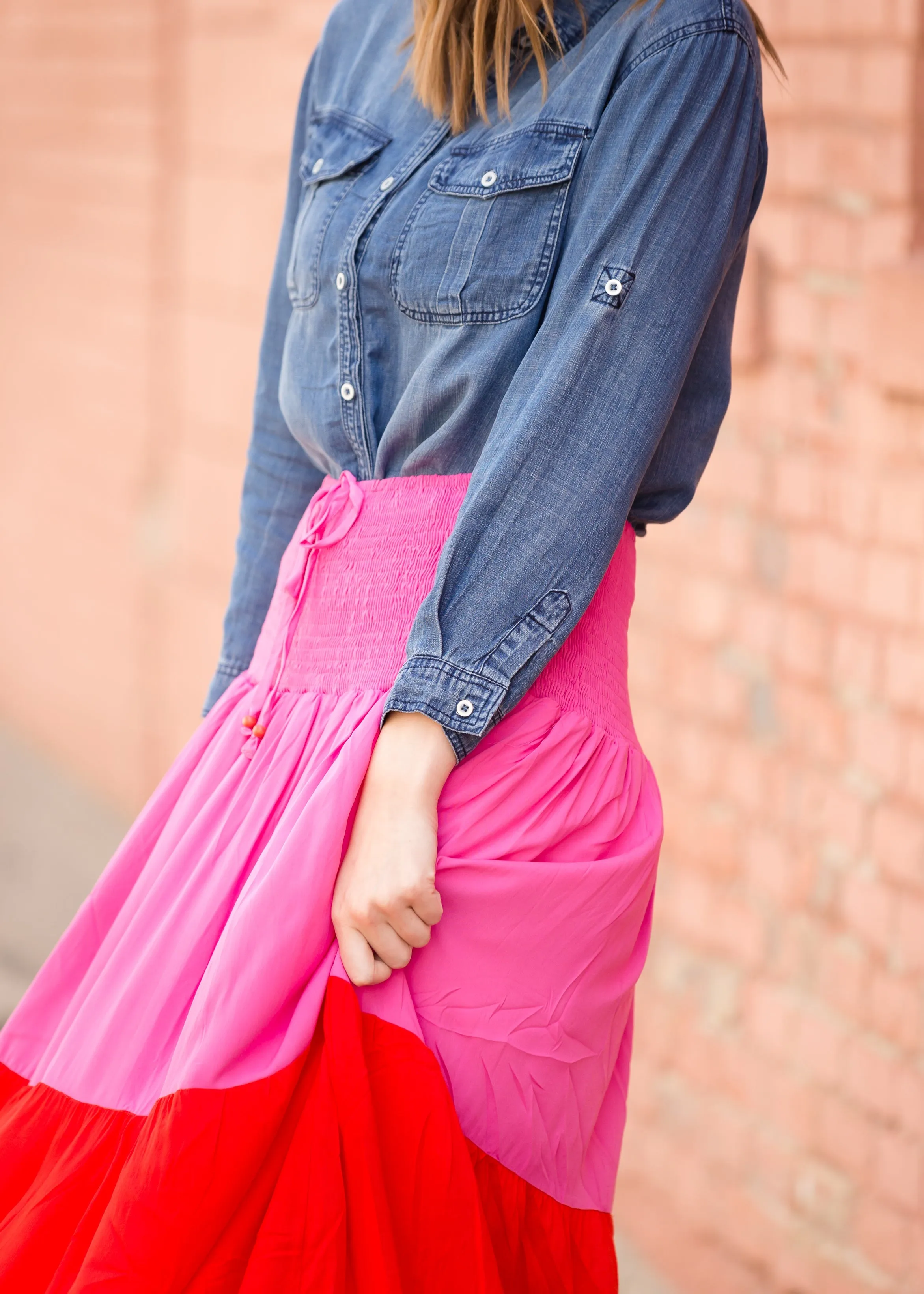 Smocked Red and Pink Color Block Maxi Skirt - FINAL SALE