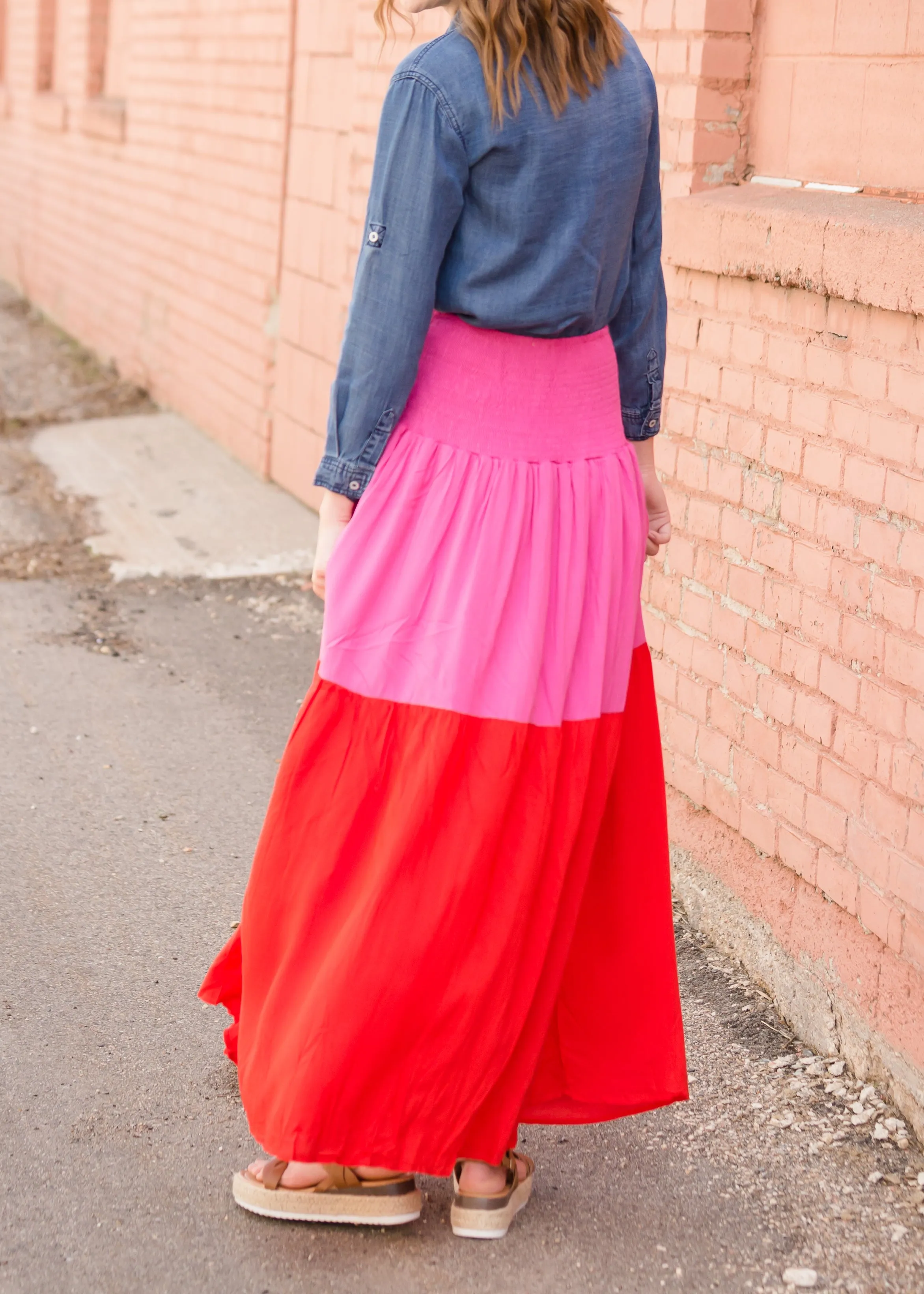 Smocked Red and Pink Color Block Maxi Skirt - FINAL SALE