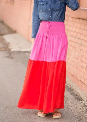 Smocked Red and Pink Color Block Maxi Skirt - FINAL SALE