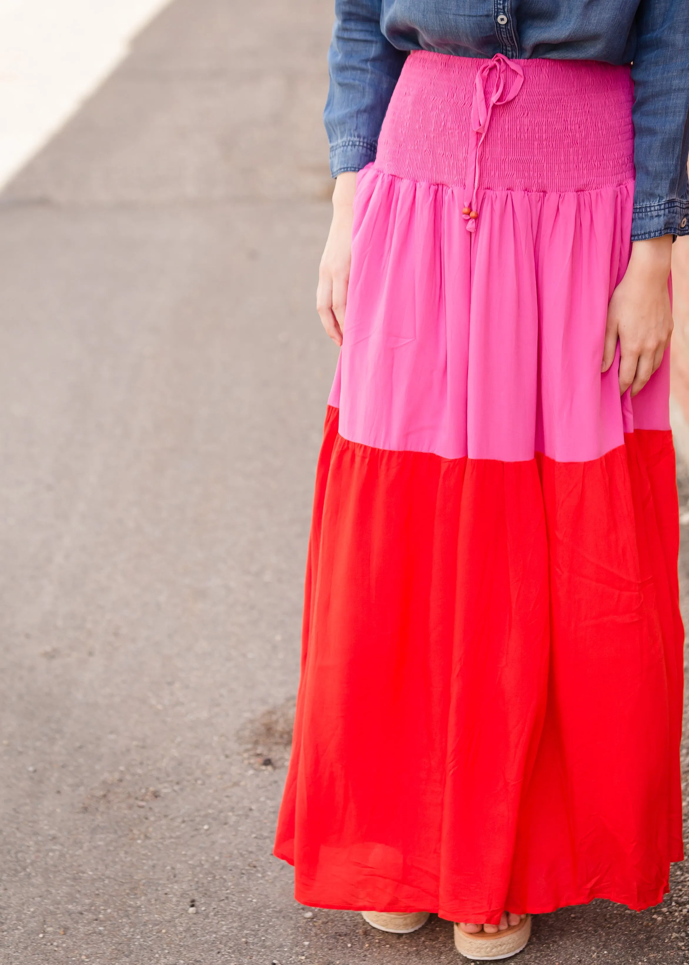 Smocked Red and Pink Color Block Maxi Skirt - FINAL SALE