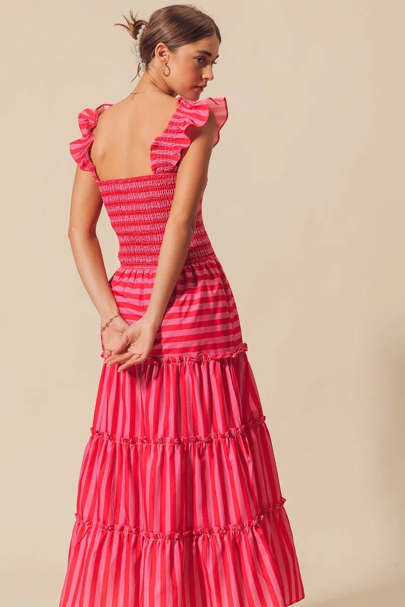 So Me Multi Color Striped Tiered Maxi Dress in Pink/Red