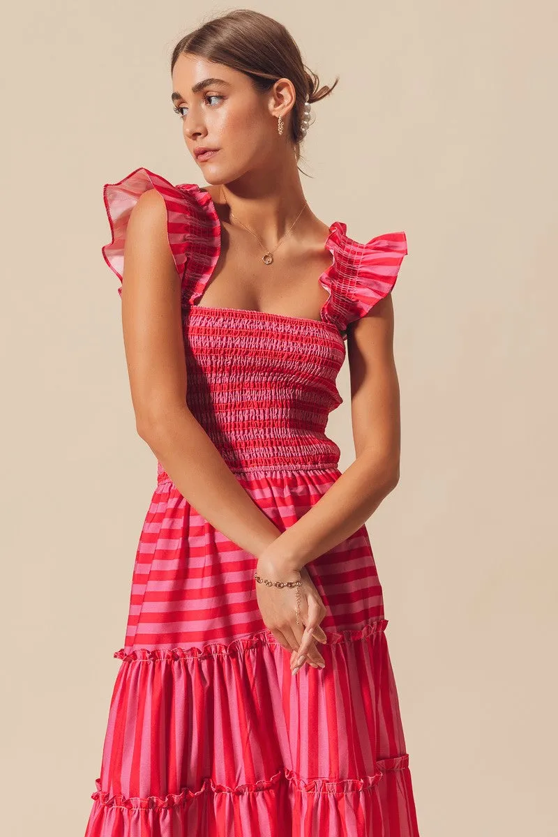 So Me Multi Color Striped Tiered Maxi Dress in Pink/Red