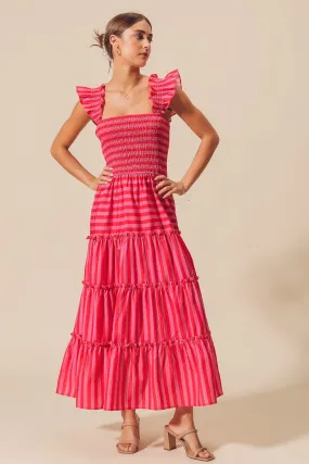 So Me Multi Color Striped Tiered Maxi Dress in Pink/Red