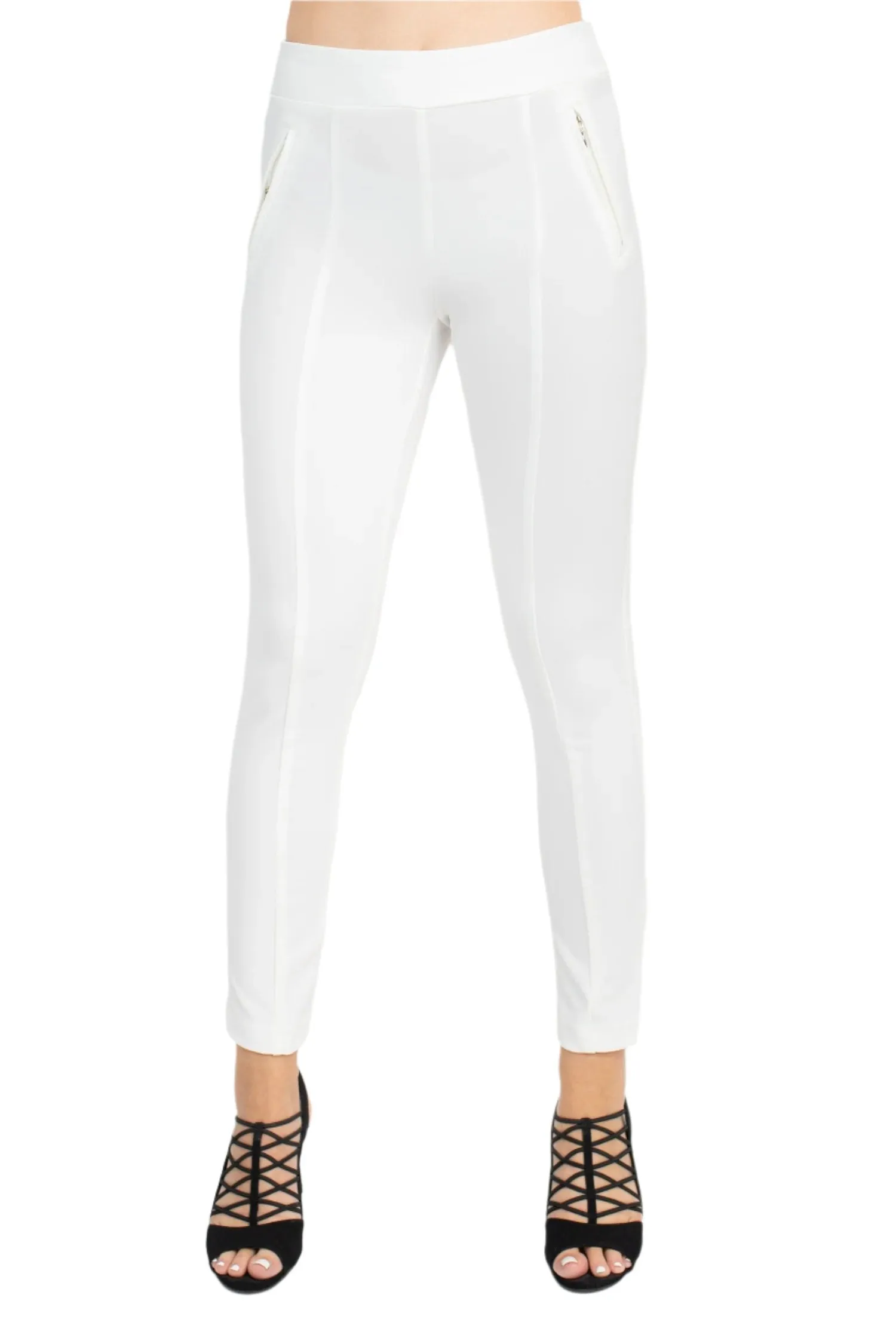 Soho Mid Waist Pull-On Skinny Zipper Front Solid Crepe Pant