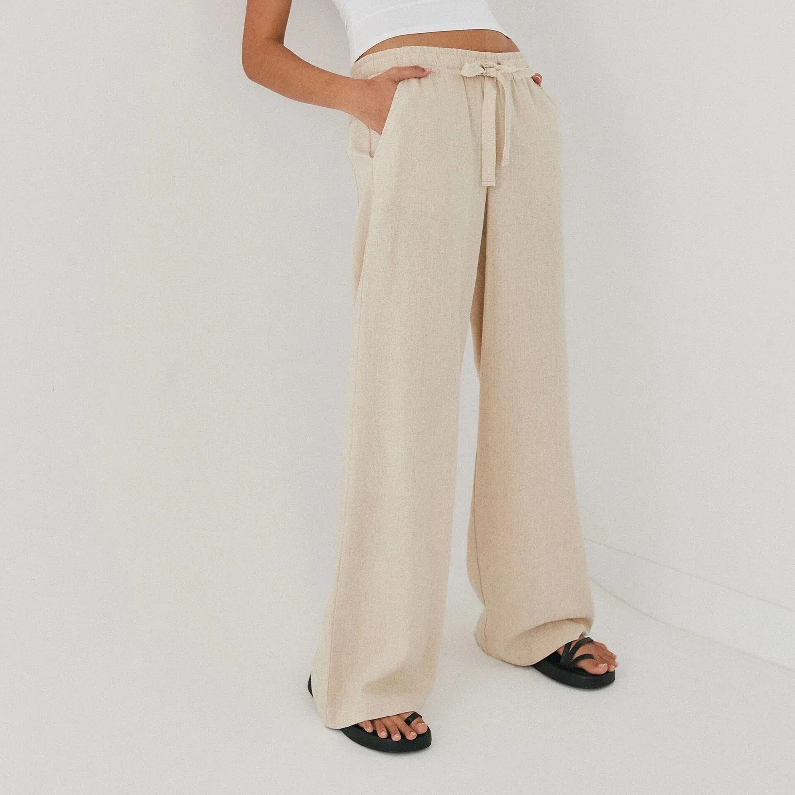 Solid Drawstring High Elastic Spring Summer Casual Sweat Wide-Leg Pants