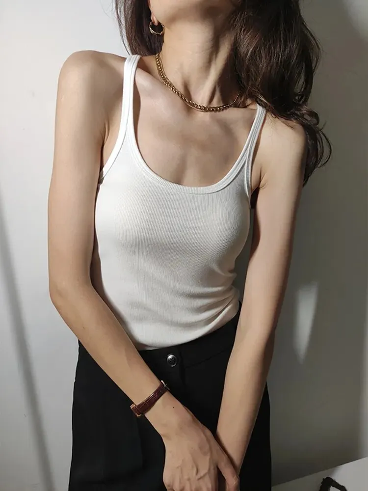 Solid Minimalist Tank Tops For Women Square Collar Sleeveless Slim Pullover Casual Vest Female Fashion Clothing