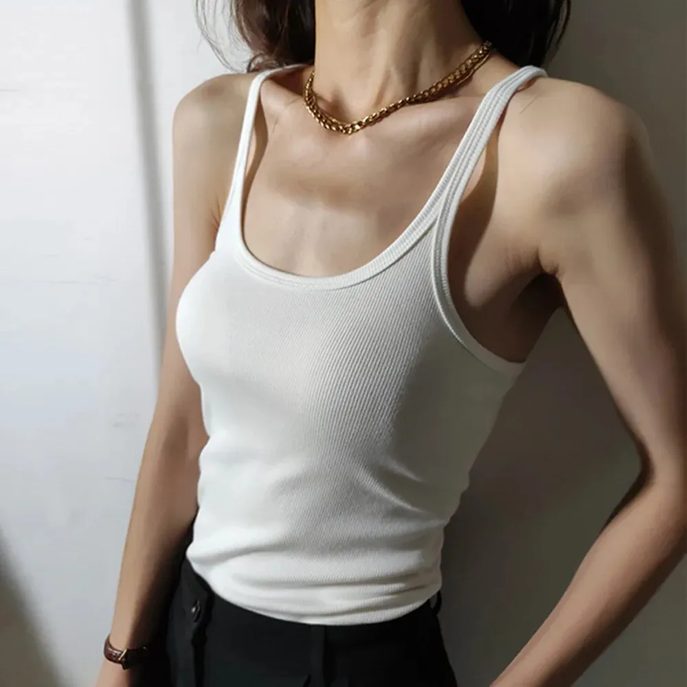 Solid Minimalist Tank Tops For Women Square Collar Sleeveless Slim Pullover Casual Vest Female Fashion Clothing