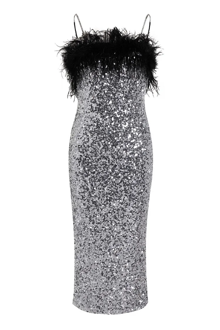 Sparkly Sequin Feather Trim Rhinestone Strap Split Cocktail Midi Dress