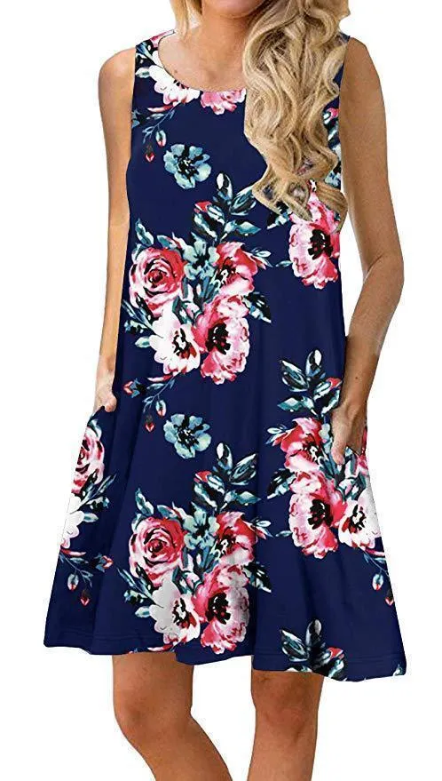 Spring / Summer Sleeveless Pullover Element Printed Pocket Swing Vest Dress-1