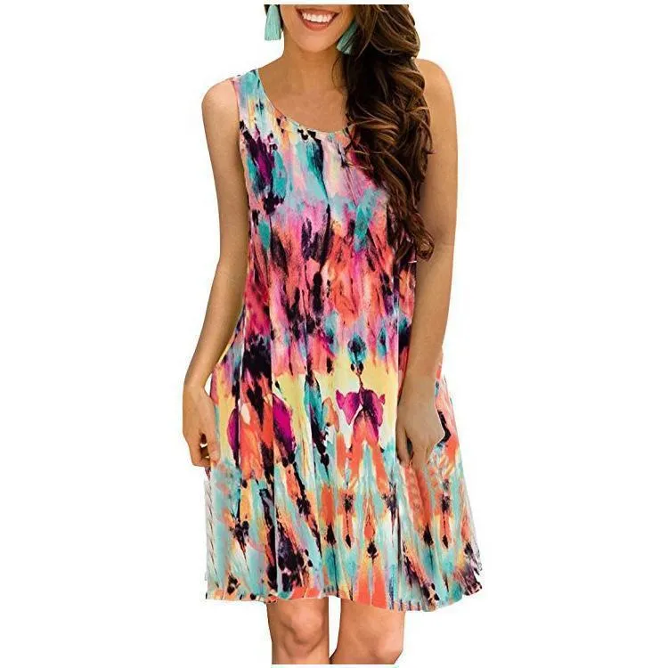 Spring / Summer Sleeveless Pullover Element Printed Pocket Swing Vest Dress-1