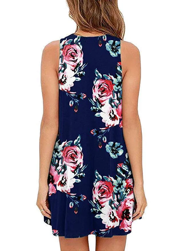 Spring / Summer Sleeveless Pullover Element Printed Pocket Swing Vest Dress-1