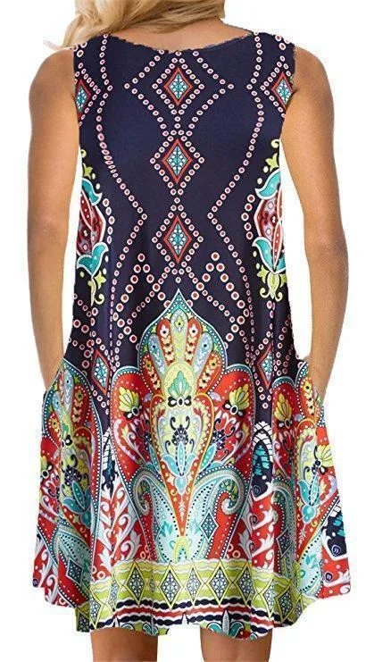 Spring / Summer Sleeveless Pullover Element Printed Pocket Swing Vest Dress-1