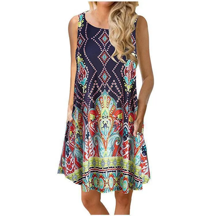 Spring / Summer Sleeveless Pullover Element Printed Pocket Swing Vest Dress-1