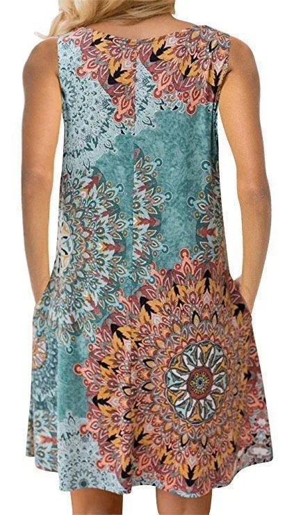 Spring / Summer Sleeveless Pullover Element Printed Pocket Swing Vest Dress-1