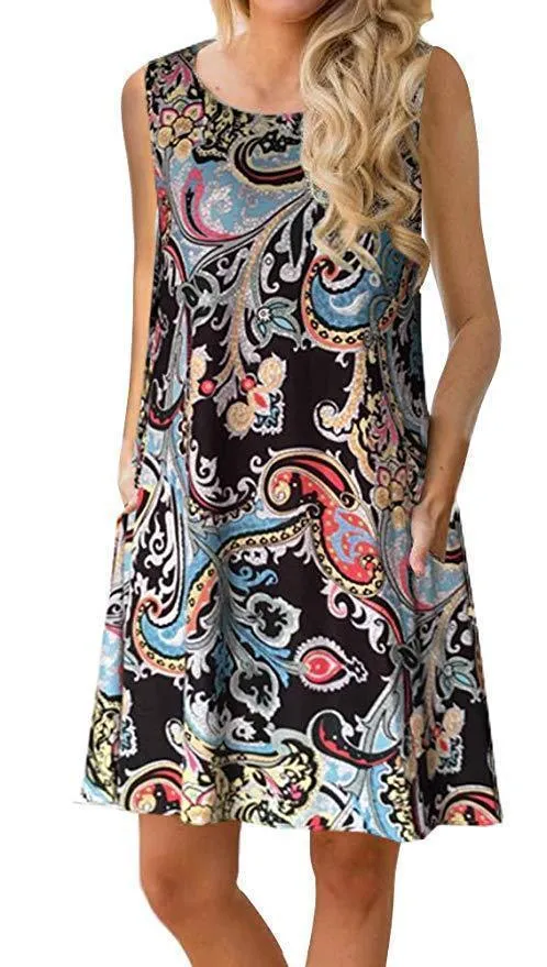 Spring / Summer Sleeveless Pullover Element Printed Pocket Swing Vest Dress-1