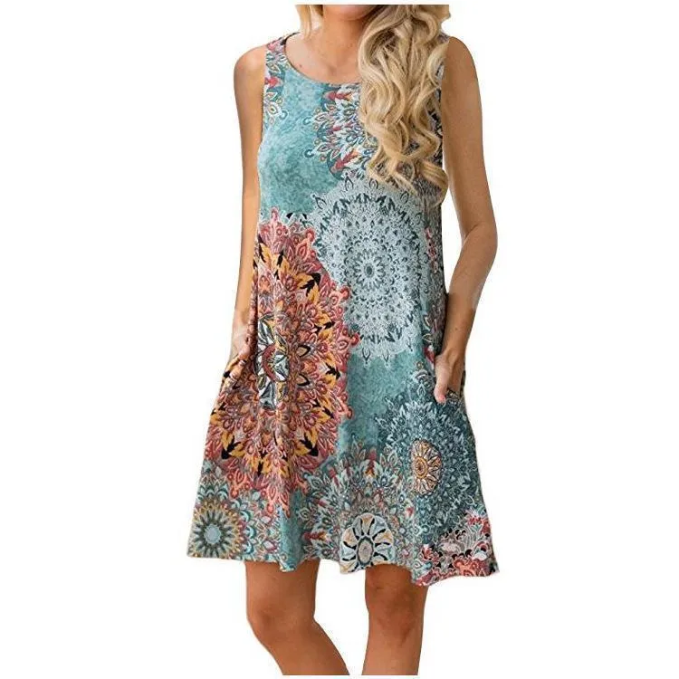 Spring / Summer Sleeveless Pullover Element Printed Pocket Swing Vest Dress-1