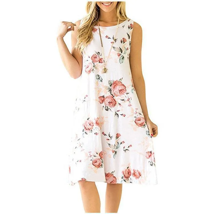 Spring / Summer Sleeveless Pullover Element Printed Pocket Swing Vest Dress-1