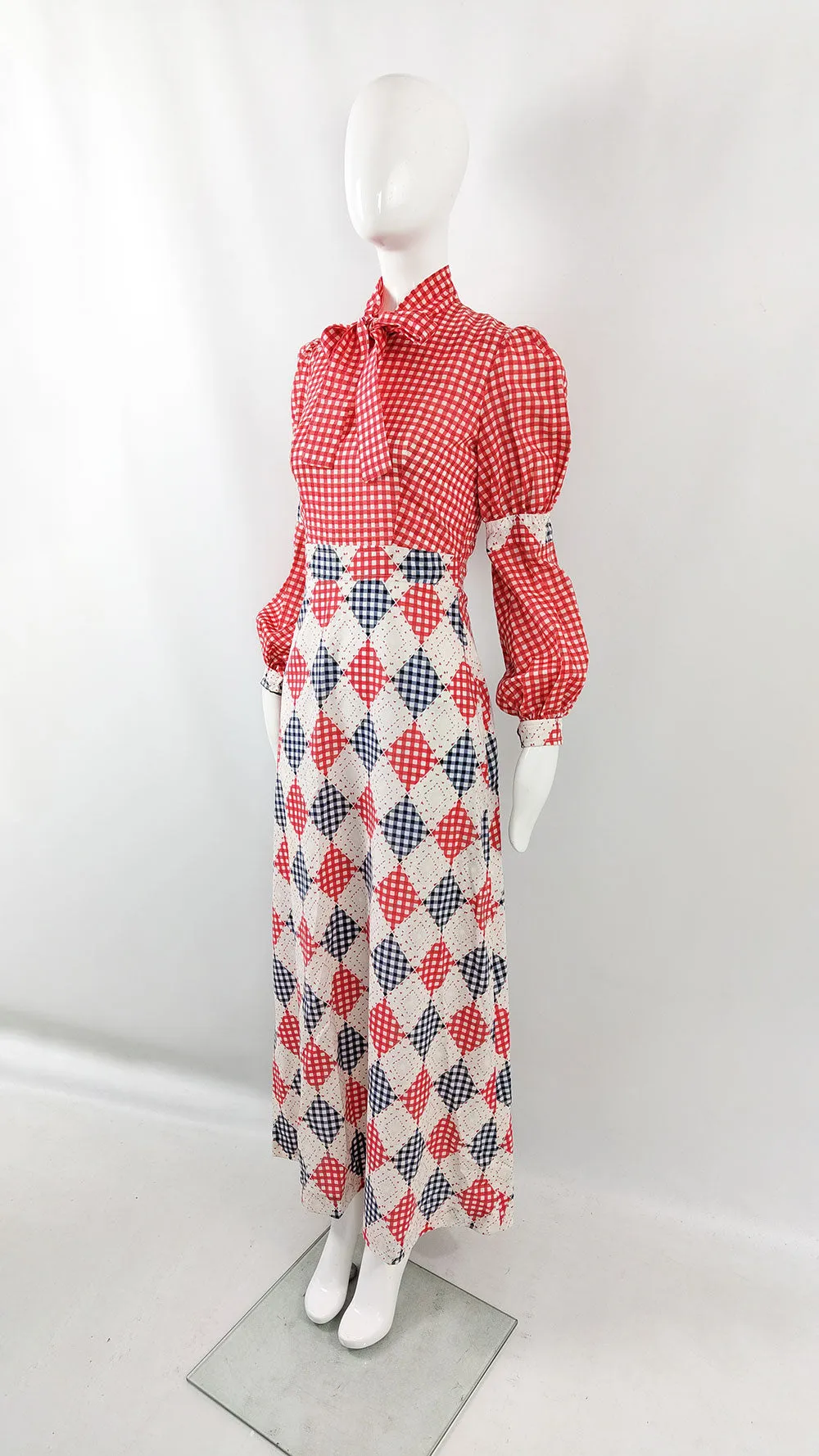 St Andre Red & White Gingham Check Maxi Dress, 1970s