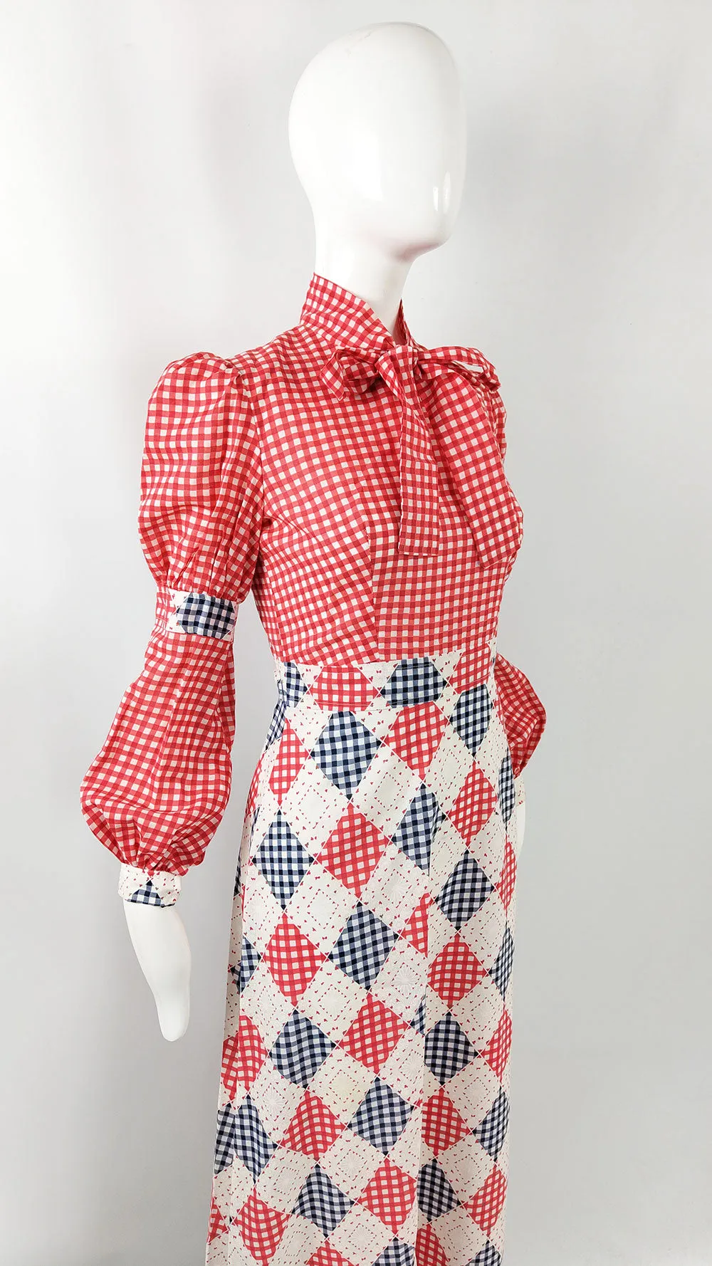 St Andre Red & White Gingham Check Maxi Dress, 1970s