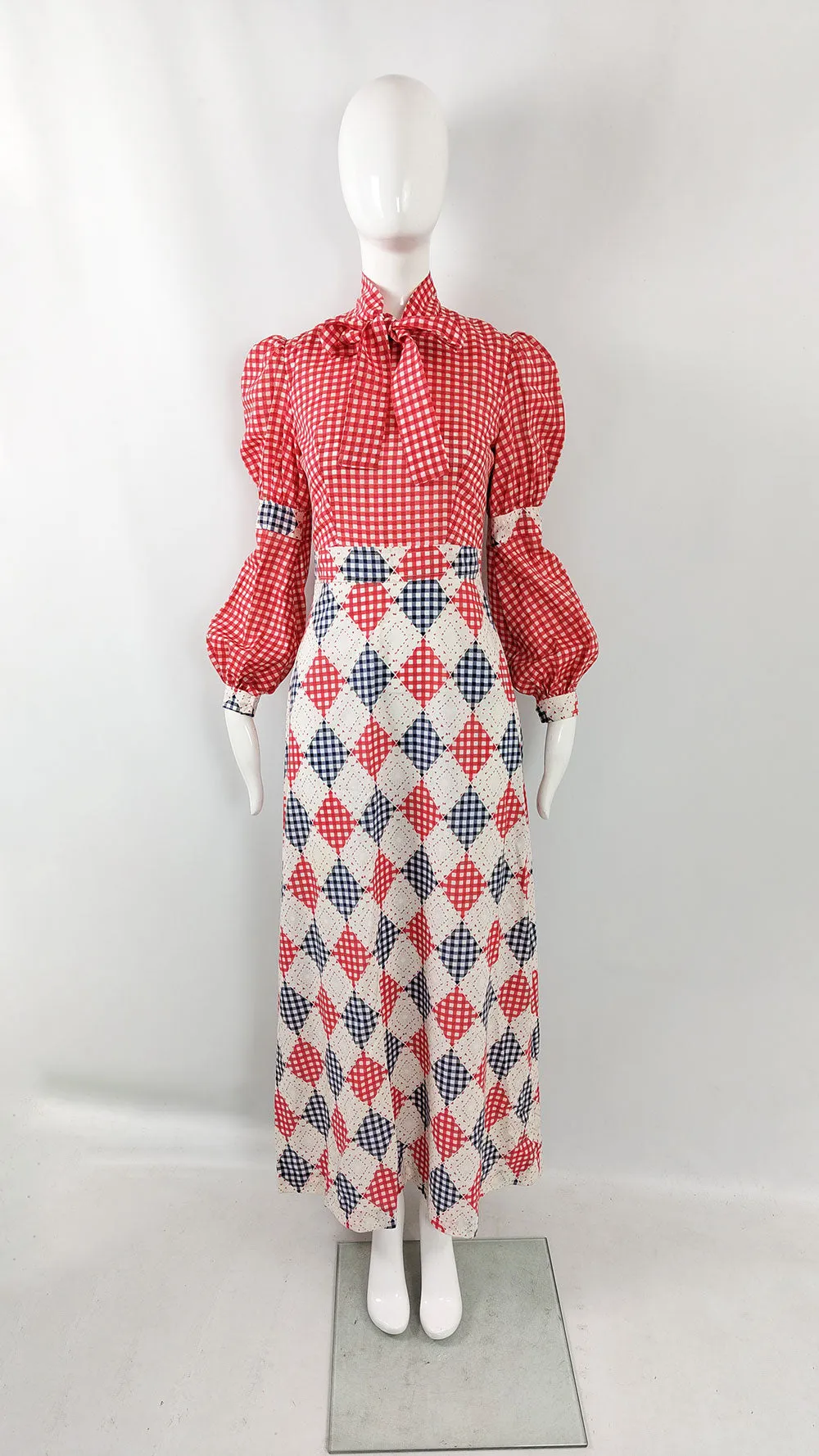 St Andre Red & White Gingham Check Maxi Dress, 1970s