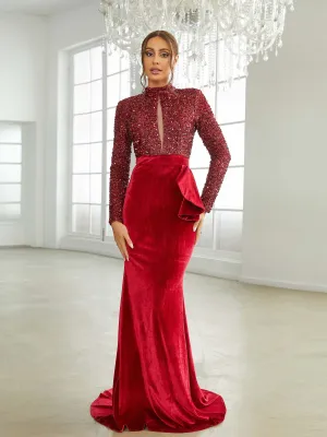 Stand Collar Velvet Panel Burgundy Formal Dress XJ2532