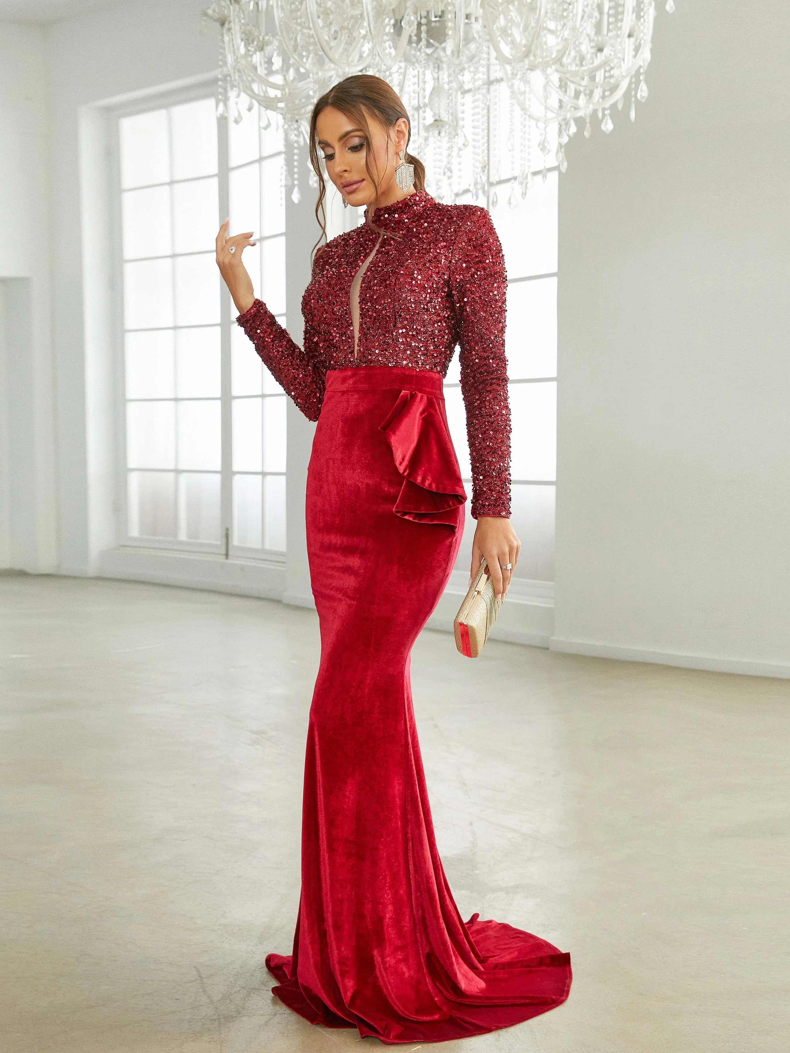 Stand Collar Velvet Panel Burgundy Formal Dress XJ2532