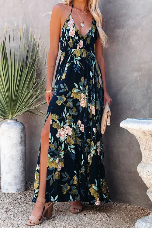 Stun And Only Print Backless High-Slit Maxi Dress