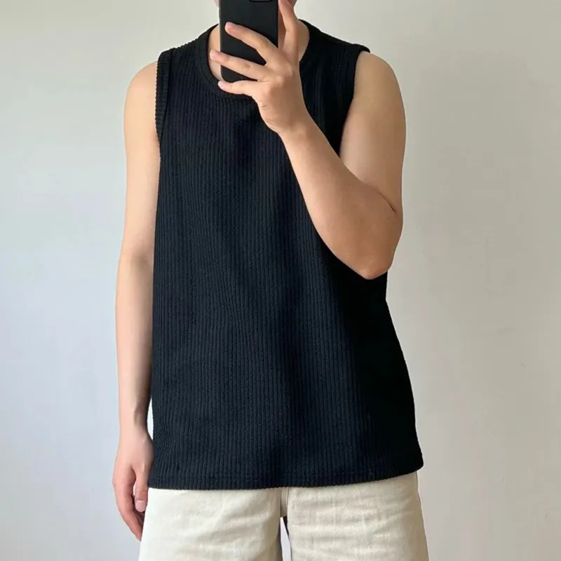 Summer Simple Male Sleeveless Top Loose Solid Color Stripe Casual Vest Stylish Men's T-shirt Pullover 9C5985