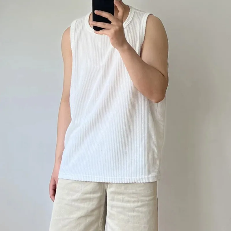 Summer Simple Male Sleeveless Top Loose Solid Color Stripe Casual Vest Stylish Men's T-shirt Pullover 9C5985