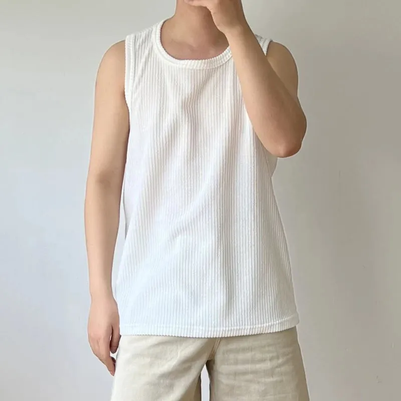 Summer Simple Male Sleeveless Top Loose Solid Color Stripe Casual Vest Stylish Men's T-shirt Pullover 9C5985