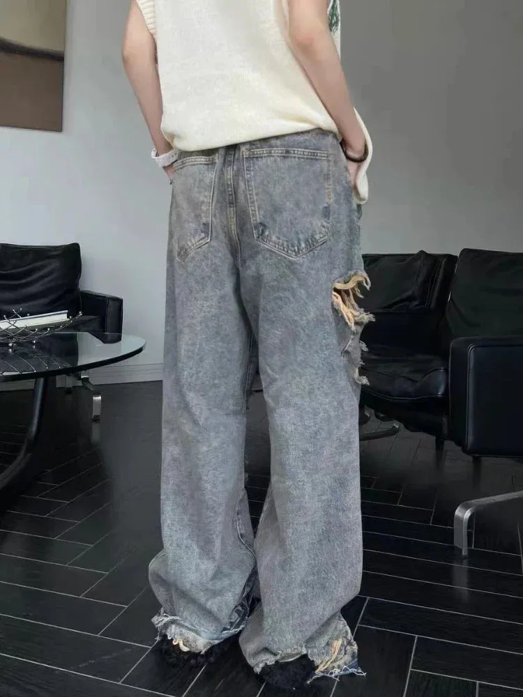 Summer Women Pants Streetwear Oversize Wide Leg Jeans Y2k Hollow High Waist Pants