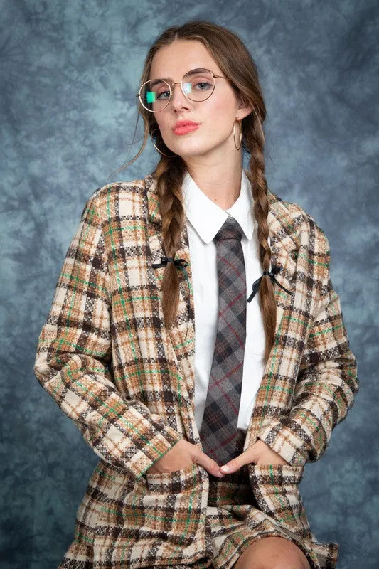 Taupe Mix Plaid Casual Wool Preppy Shacket Jacket Blazer/Skirt/Set