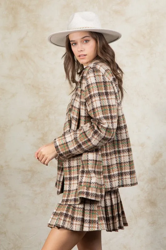 Taupe Mix Plaid Casual Wool Preppy Shacket Jacket Blazer/Skirt/Set